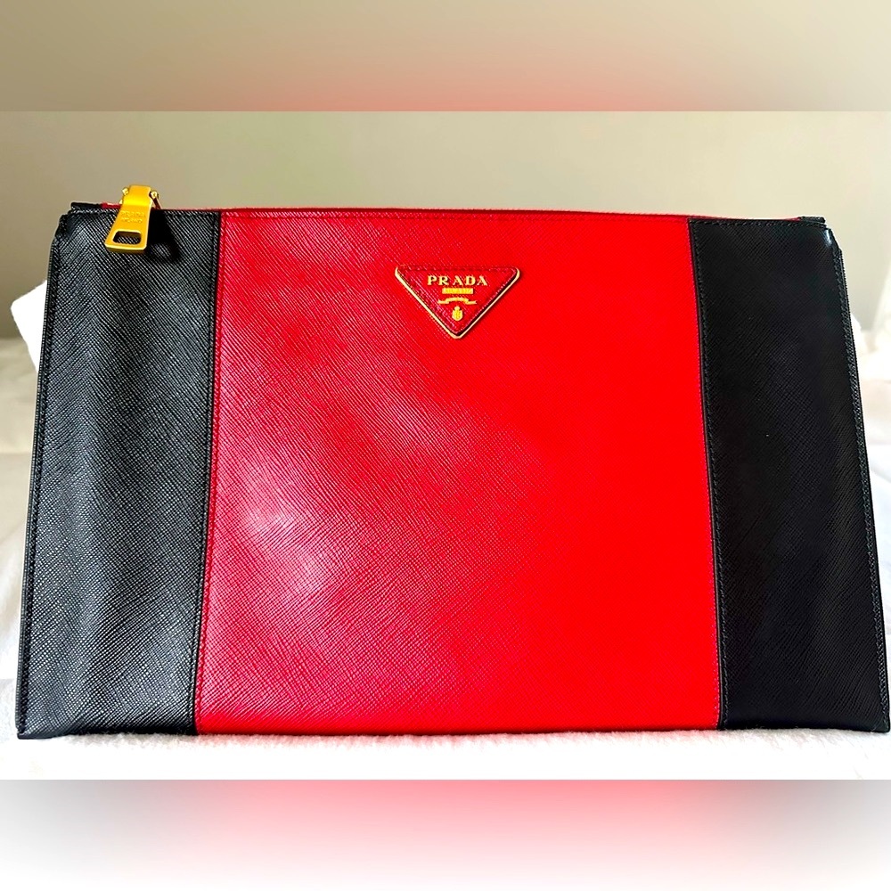 Authentic Prada Saffiano Lux Pochette in Nero + Fuoco